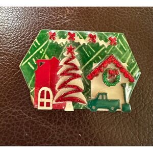 House Pin by Lucinda Christmas Red Green Glitter